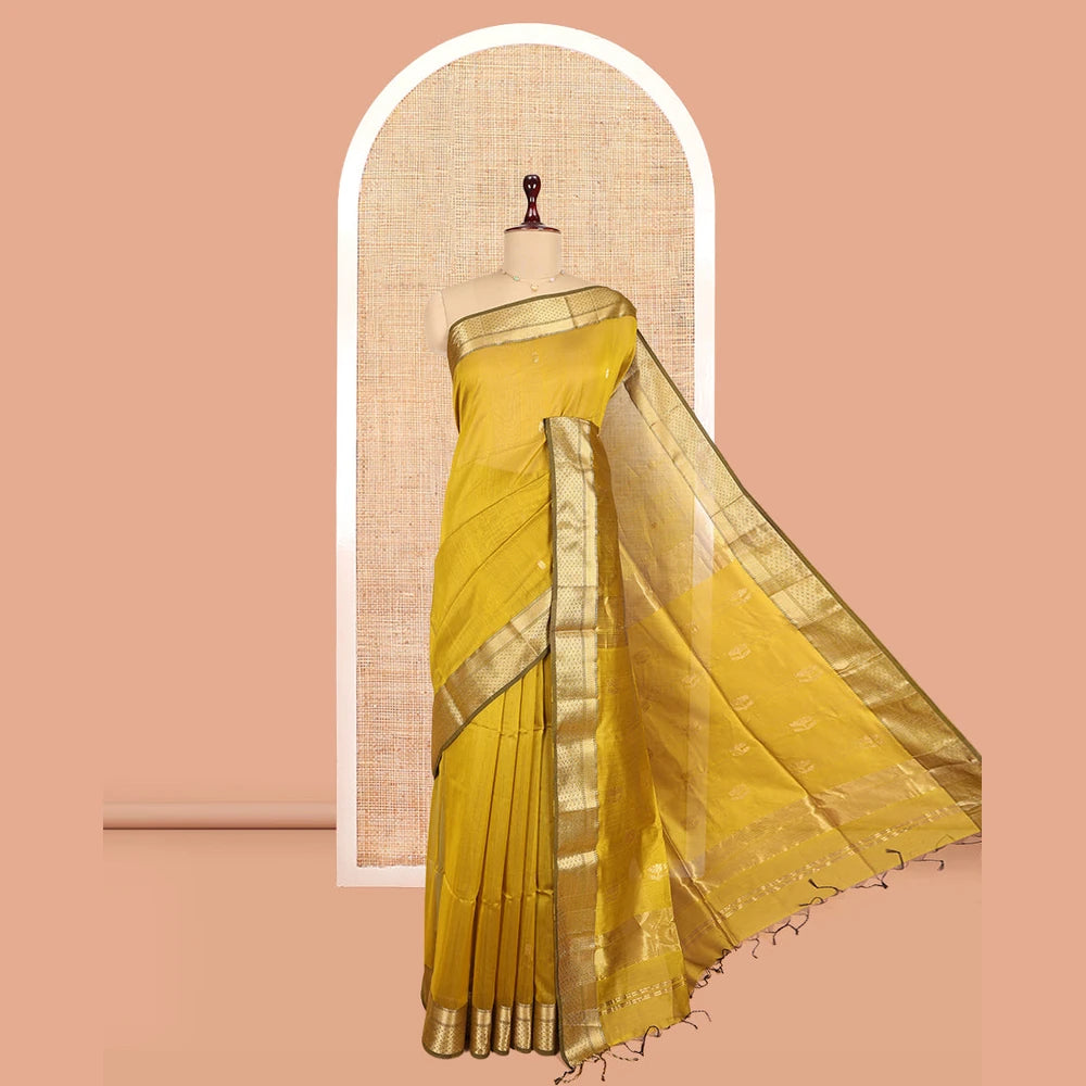 Pothys Yellow Maheshwari Cotton Saree, Bedecked with Zari Buttas, a Contrast Traditional Zari Border, Zari Striped Pallu, and a Matching Blouse